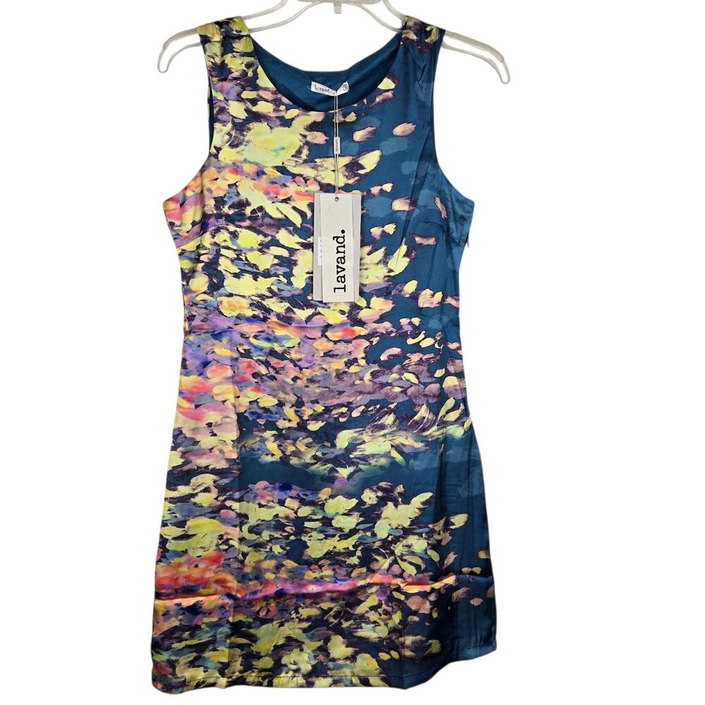 NWT Lavand Anthropologie Sheath Dress Sz S Sleeveless Abstract Watercolor Blue